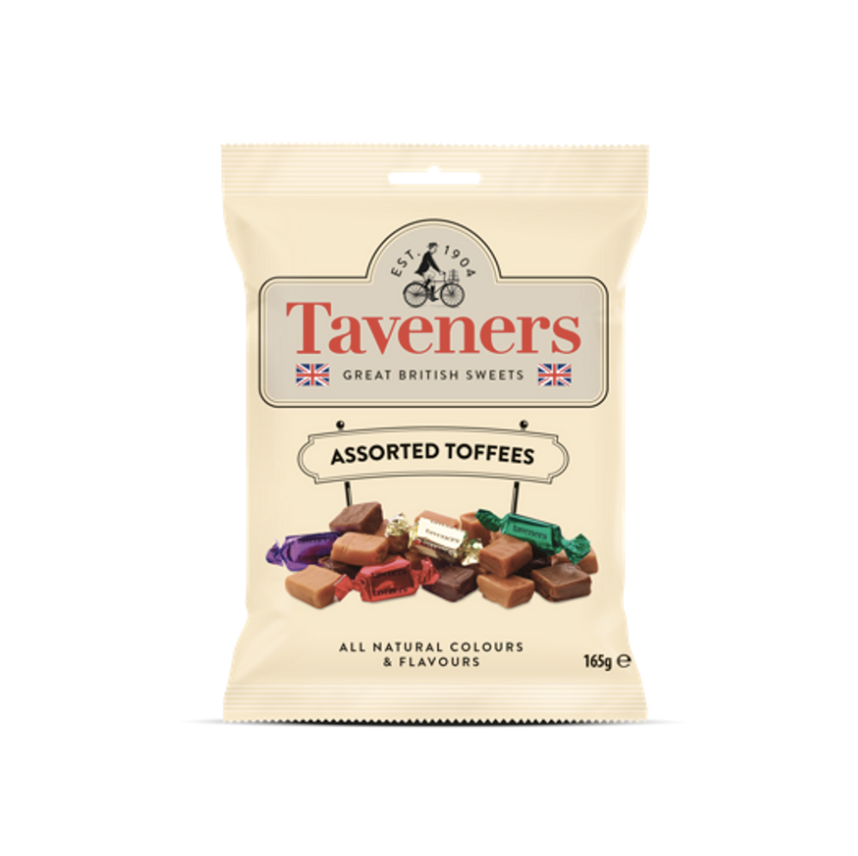 Taveners assorted toffees packaging on a white background