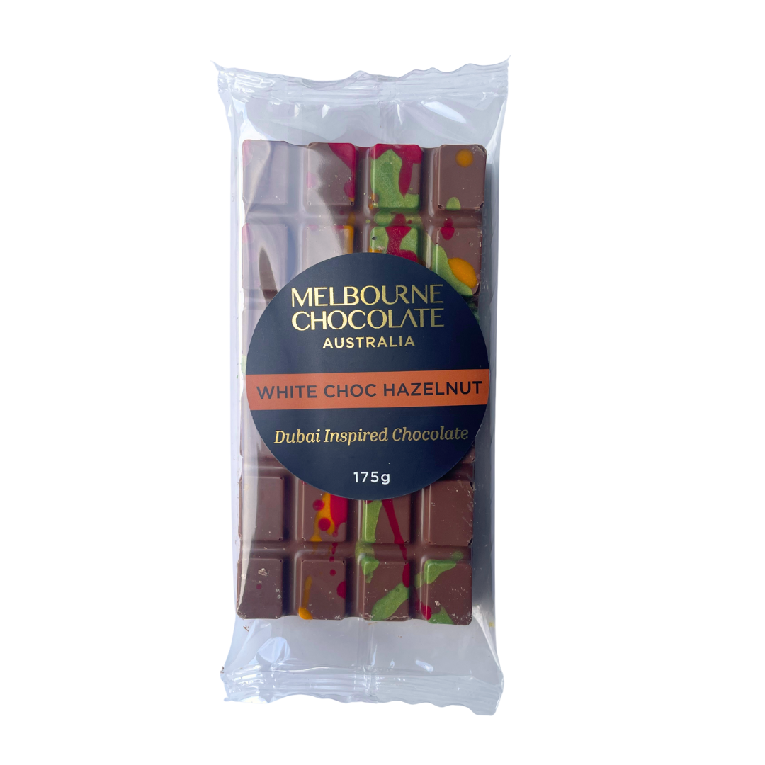 Packaged chocolate bars with Melbourne Chocolate Australia label on a white background