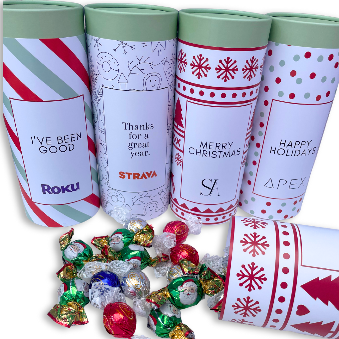 Personalised Corporate Christmas Praline Chocolate Tube 600g 50+ pieces (min 12)