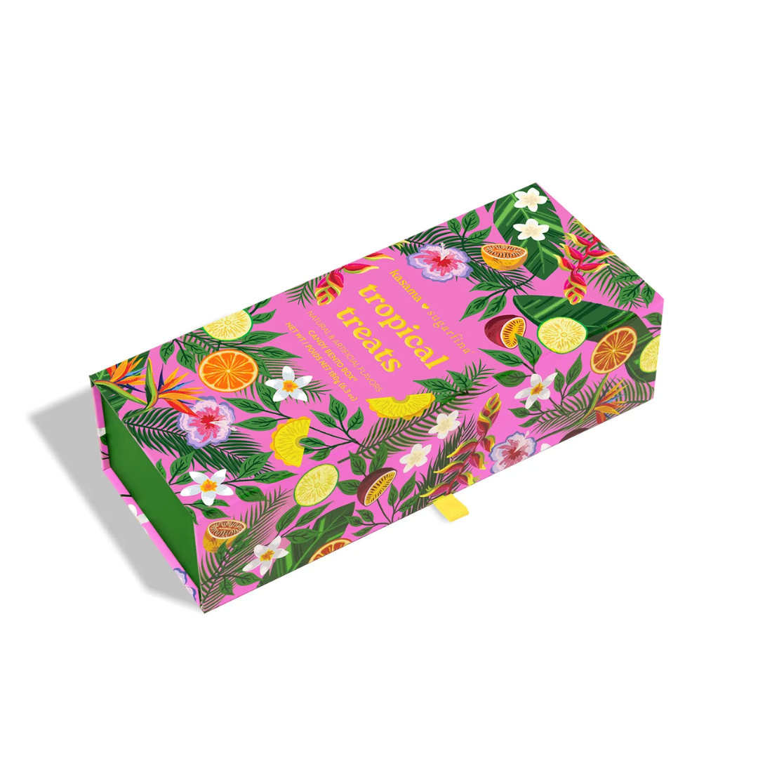 Pink box with tropical fruit and floral design on a white background