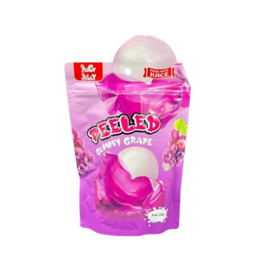 Peeled gummy grape candy package on a white background