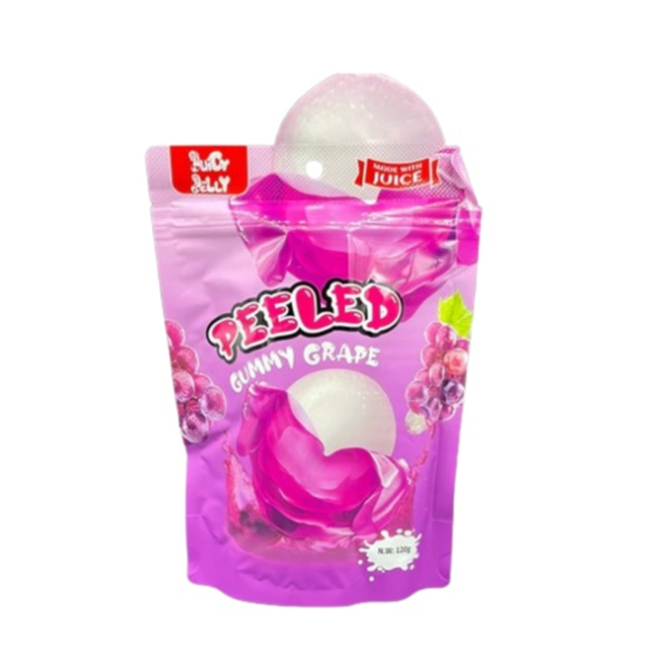 Peeled gummy grape candy package on a white background