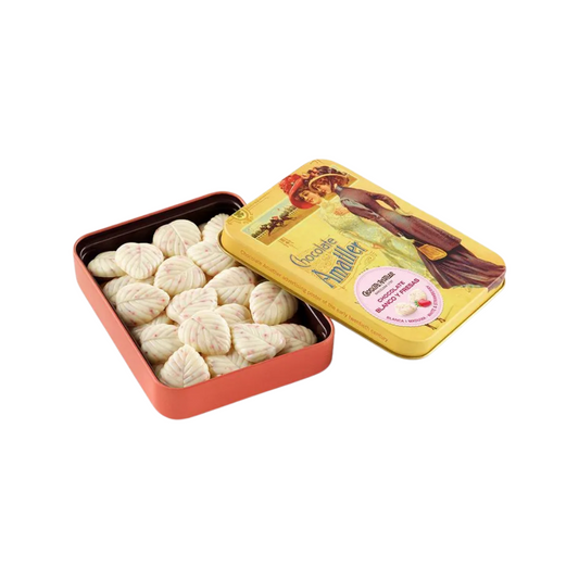 Chocolate Amatller White Chocolate and Strawberry Leaves Tin 60g (short dated)