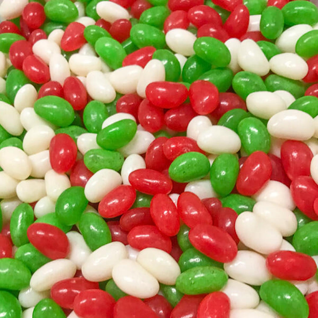Assorted red, green, and white jelly beans.
