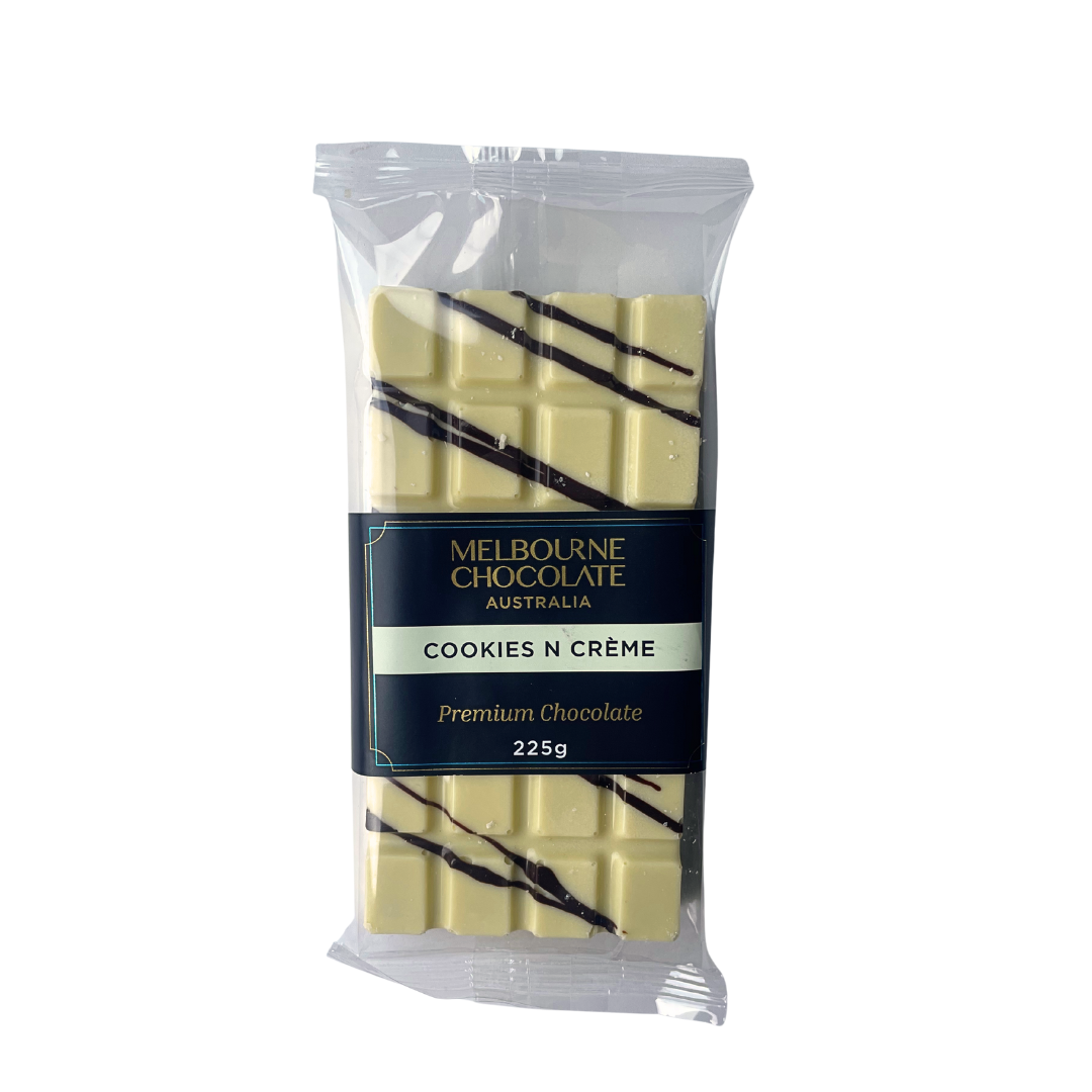 Packaged chocolate bar with 'Melbourne Chocolate Australia' label on a white background