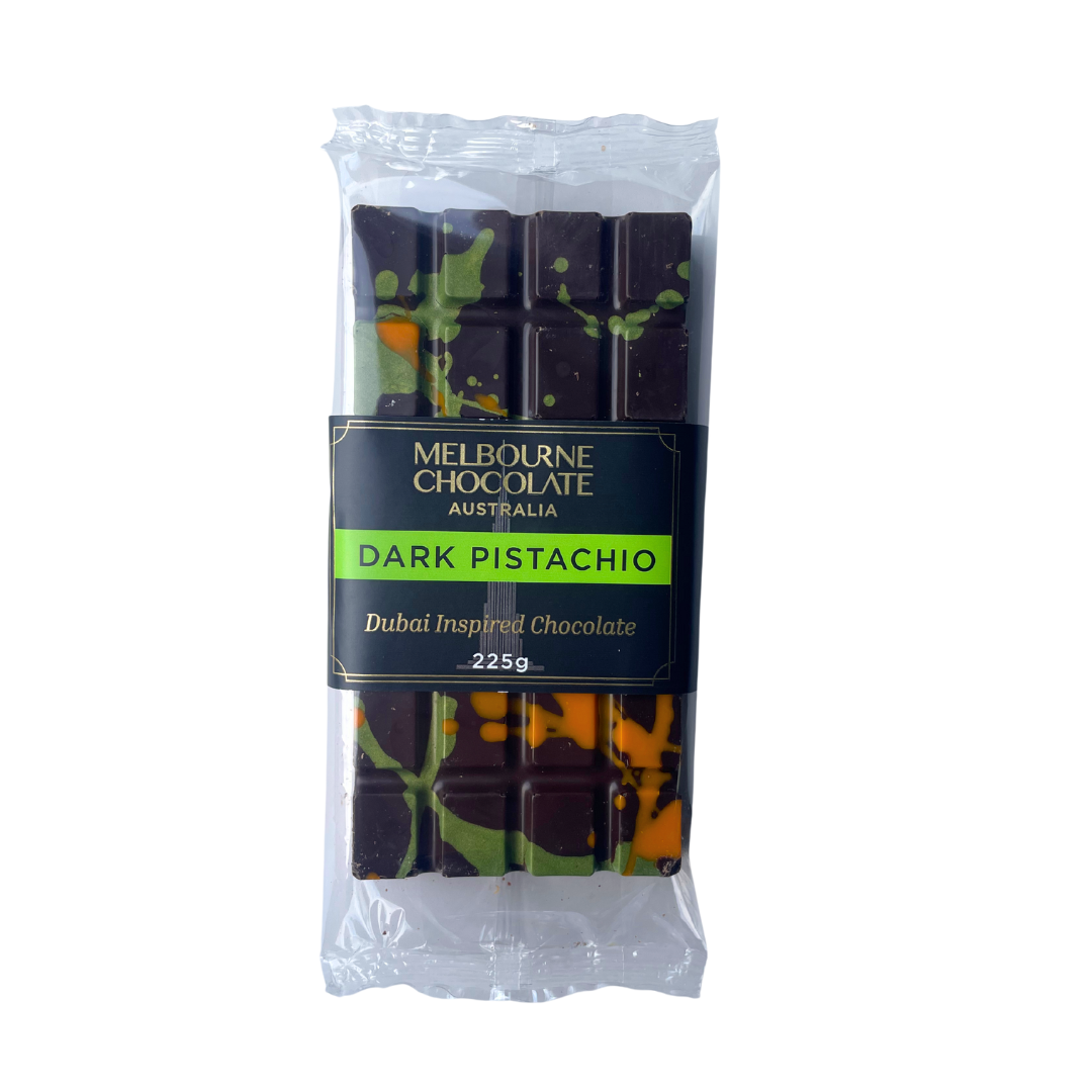Pack of Melbourne Chocolate Australia Dark Pistachio chocolate bars on a white background