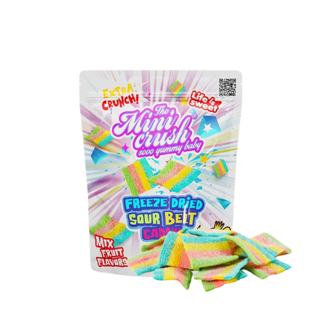 Packaging of Freeze Dried Sour Belt Candy with colorful candy pieces on a white background