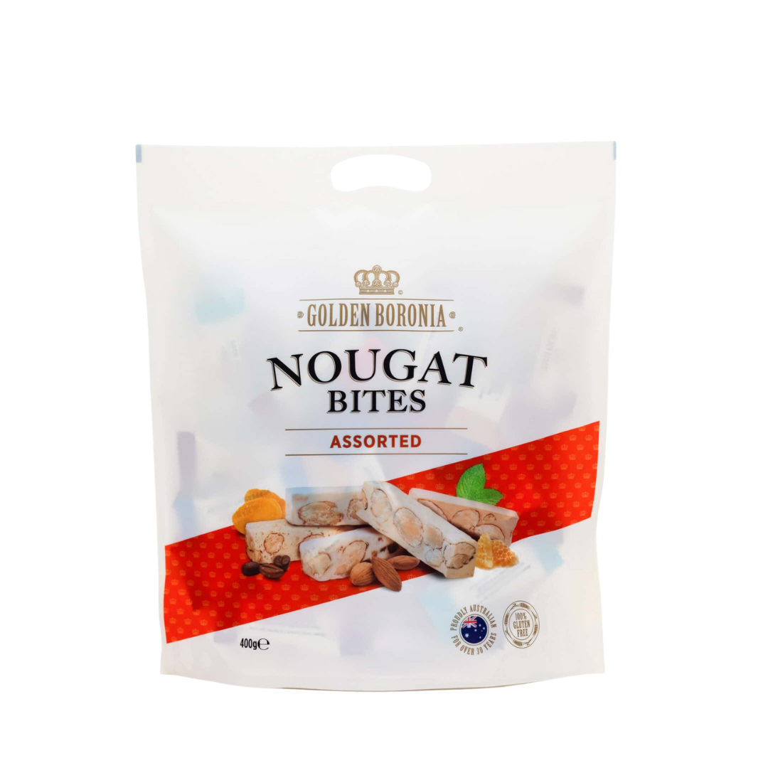 Packaging of Golden Boronia Nougat Bites on a white background