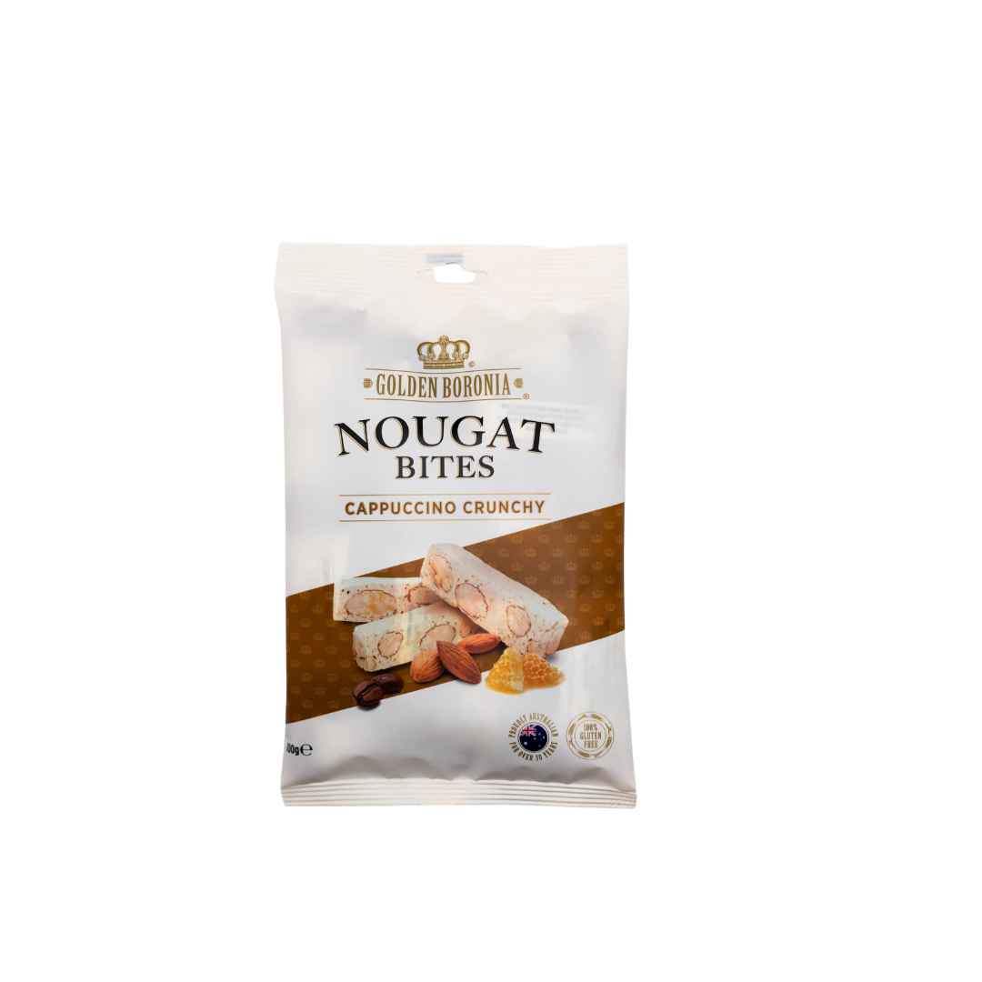 Pack of Golden Boronia Nougat Bites Cappuccino Crunchy on a white background