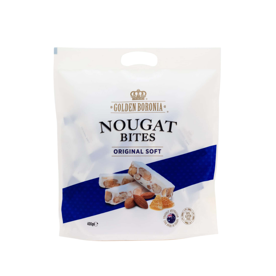 Packaging of Golden Boronia Nougat Bites on a white background