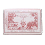 Simón Coll chocolate bar packaging with ship and landscape illustration on a white background