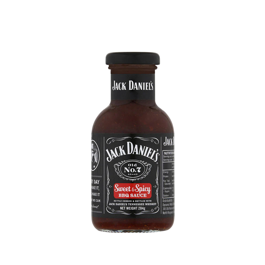 Jack Daniel's Sweet & Spicy BBQ Sauce bottle on a white background