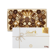 Assorted pralines in a Lindt Masterpieces box on a white background