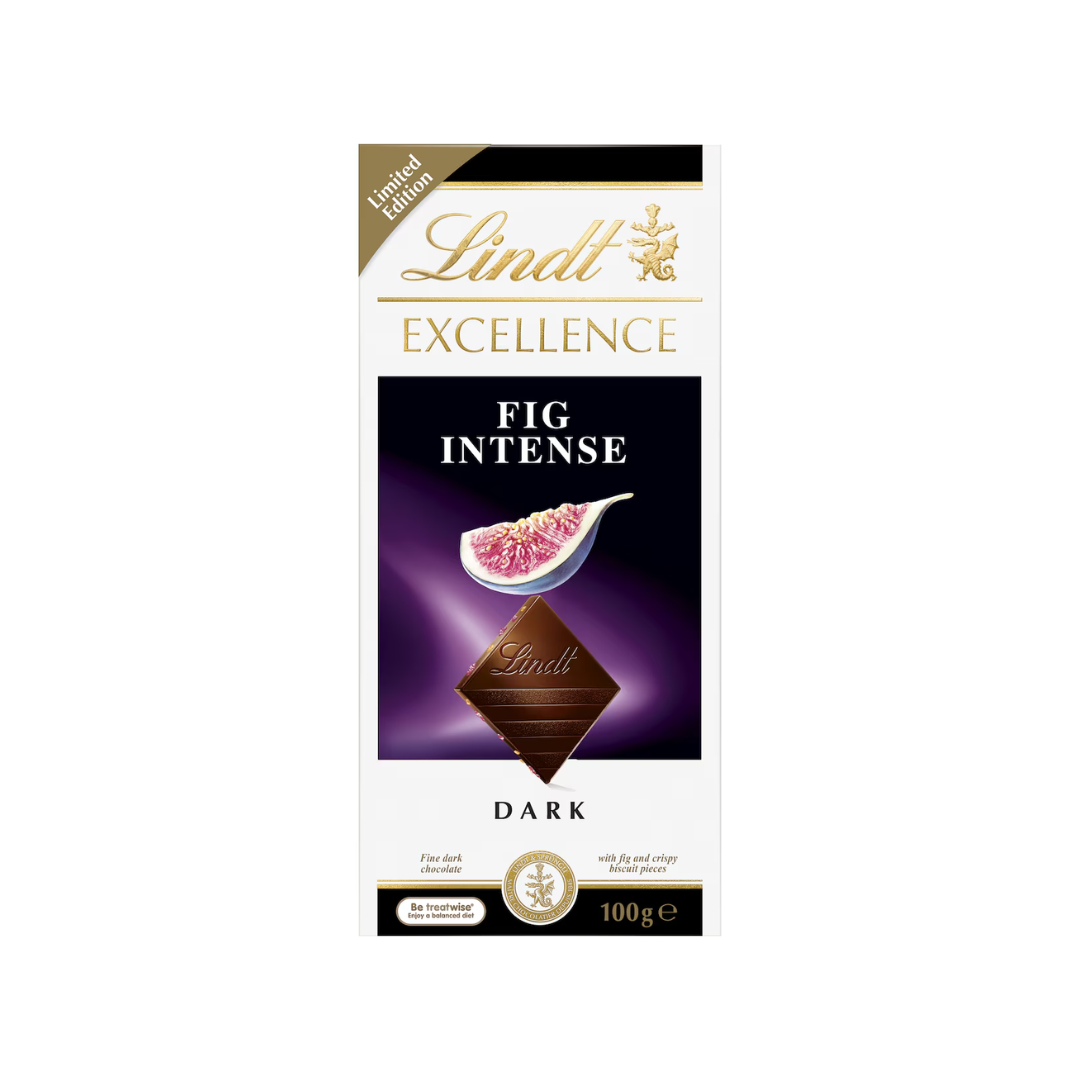 Lindt Excellence Fig Intense dark chocolate packaging on a white background
