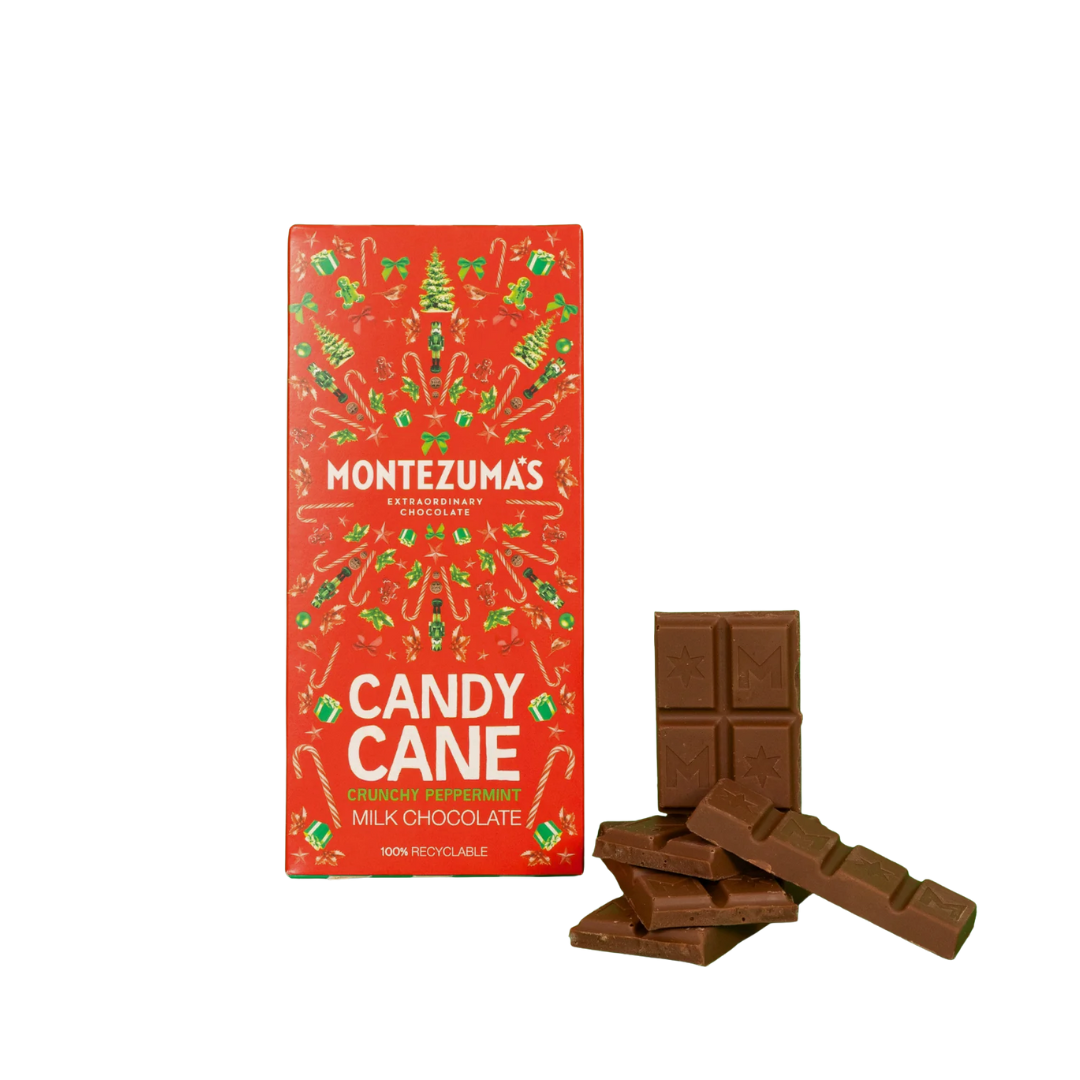Montezuma's Candy Cane chocolate bars with packaging on a white background