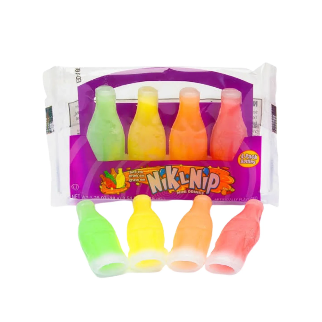 Packaged toy bottles with colorful caps on a white background