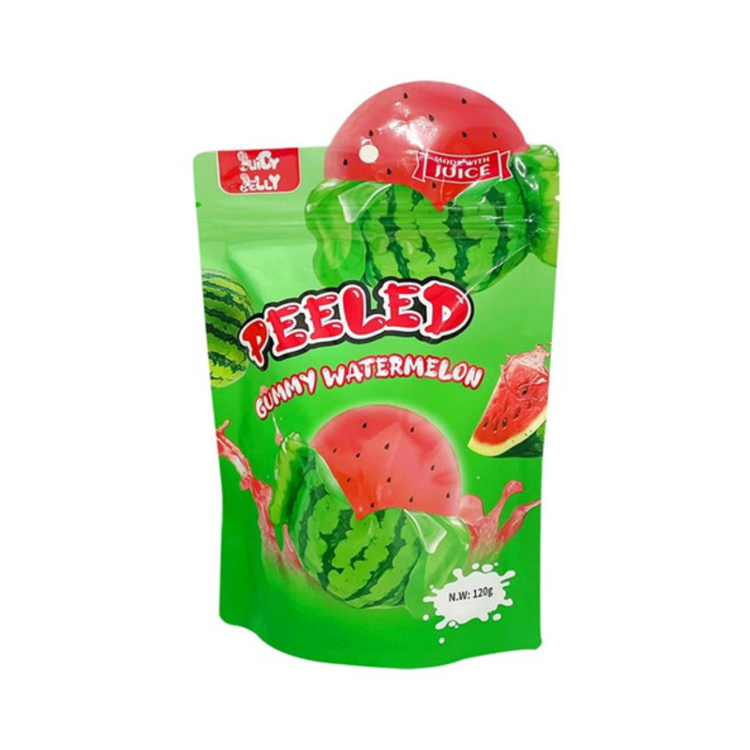 Green package of peelable gummy watermelon candy with red text on a white background