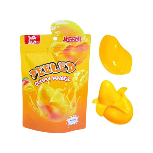 Gummy mango candies with packaging on a white background
