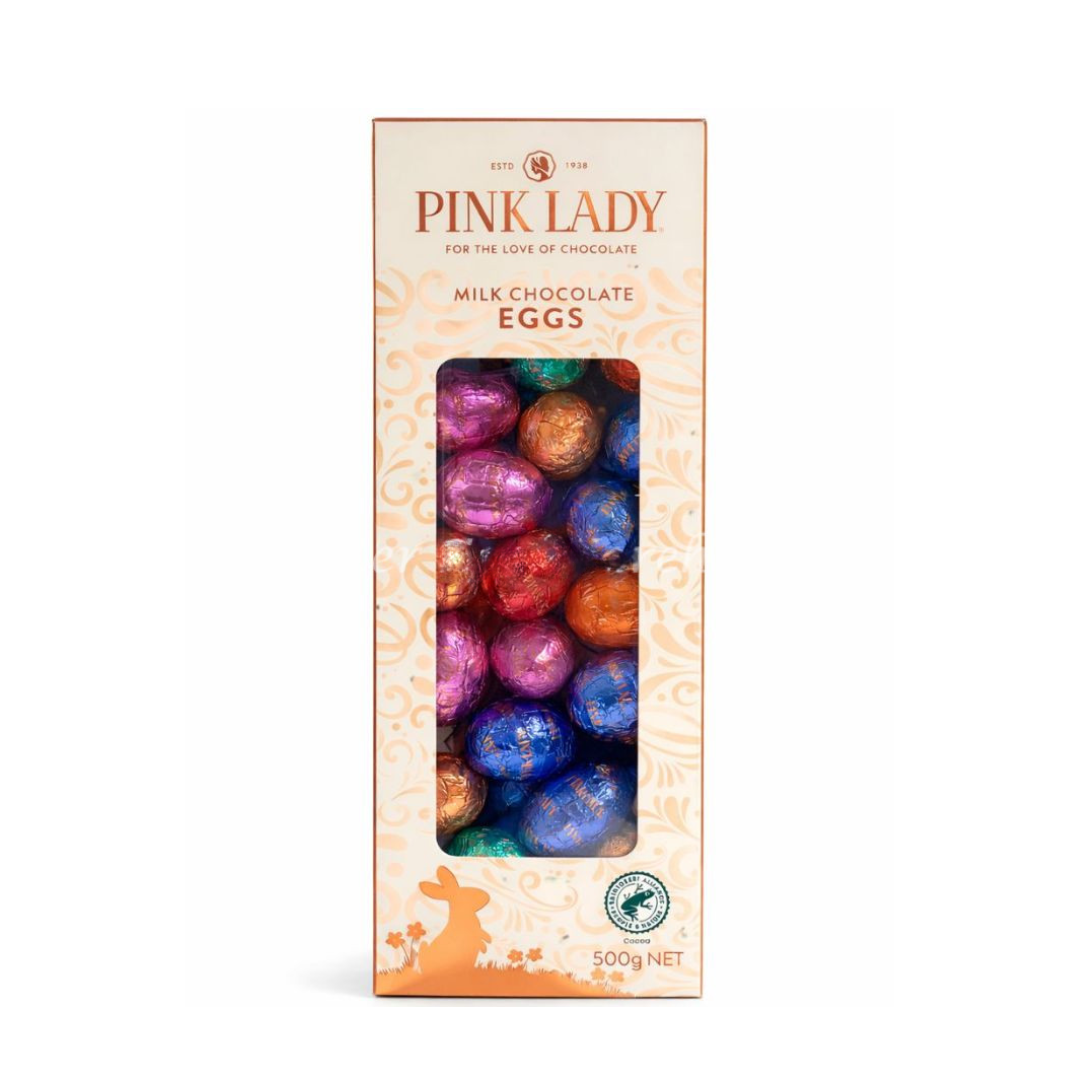 Box of Pink Lady milk chocolate eggs on a white background