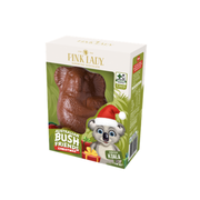 Chocolate koala with a Santa hat in a Pink Lady packaging on a white background