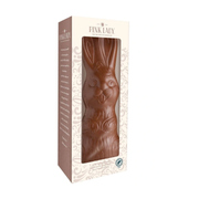 Chocolate bunny in a decorative box with 'Pink Lady' branding on a white background