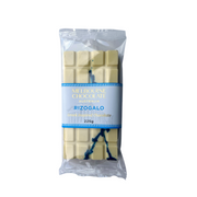 Packaged white chocolate bar with a blue label on a white background