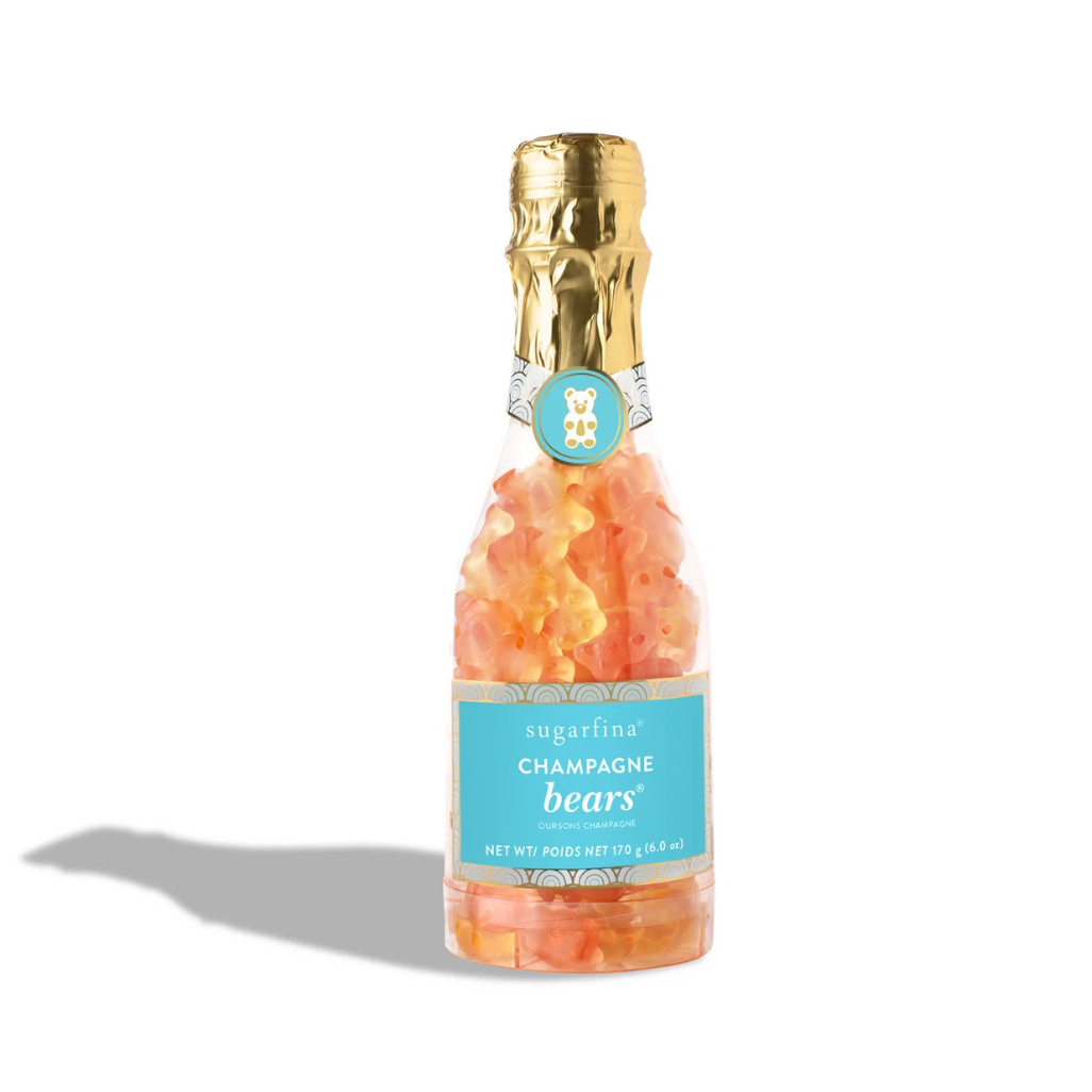 Bottle of 'Champagne Bears' with a gold cap and blue label on a white background