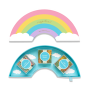 Sugarpina rainbow-shaped candy tray with colorful candy packages on a white background