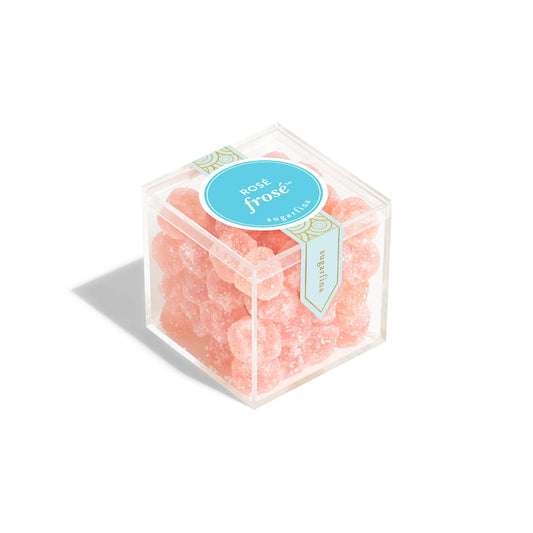Clear container with pink gummy bears labeled 'Rose Froè' on a white background