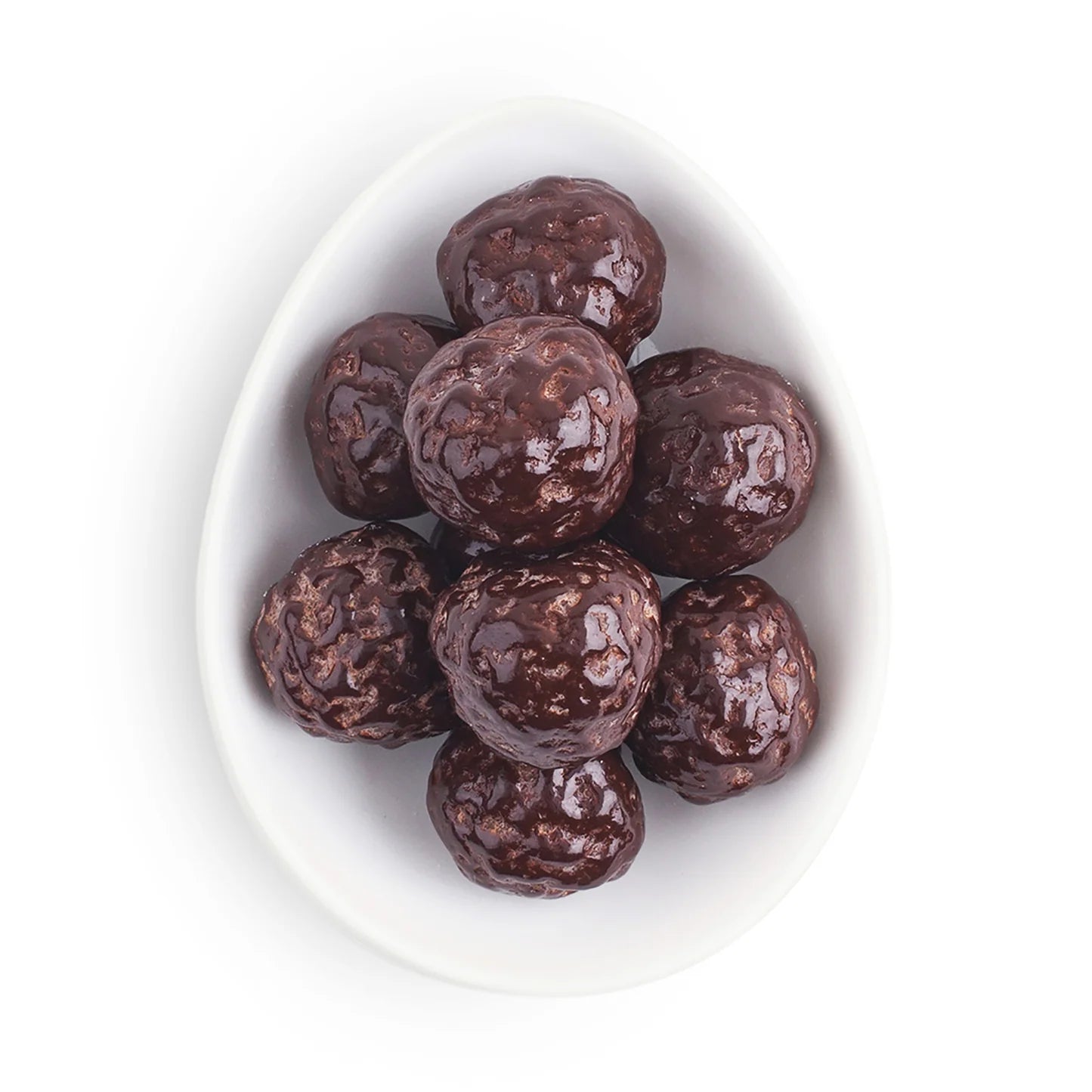 Chocolate cordials by sugarfina in a white bowl on a white background