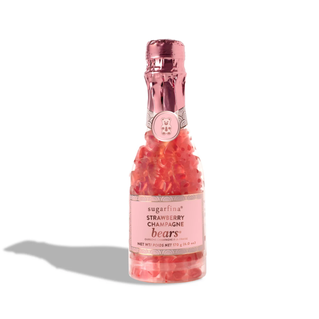 Pink bottle of sugarfina Strawberry Champagne Bears on a white background