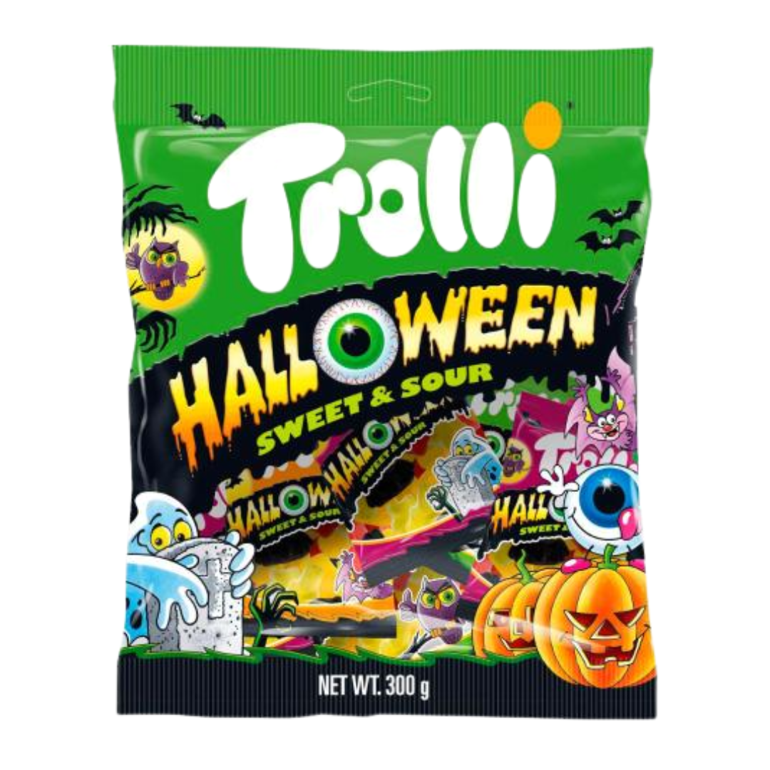 Trolli Halloween Sweet & Sour candy bag with colorful design on a white background