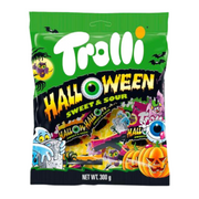 Trolli Halloween Sweet & Sour candy bag with colorful design on a white background