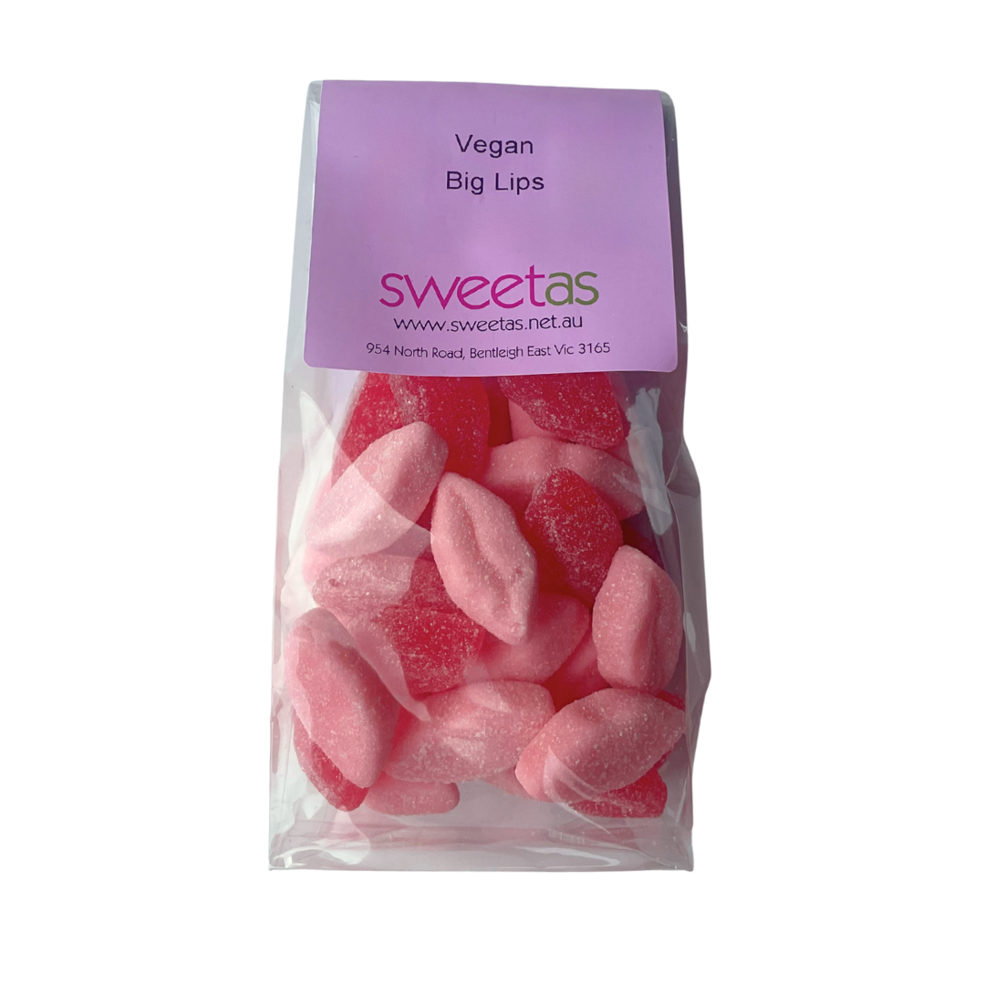 Pack of pink vegan 'Big Lips' sweets with 'sweetas' branding on a white background