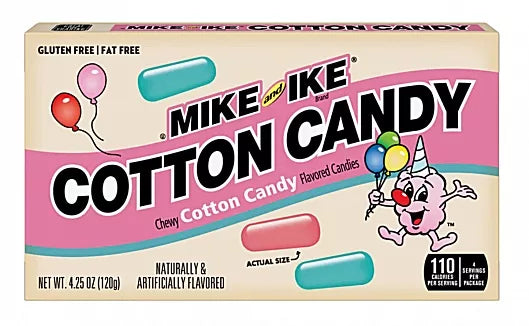 Box of Mike and Ike Cotton Candy candies with colorful design and character illustration.