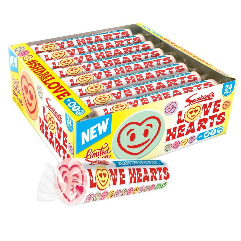 Swizzels Original Giant Love Hearts Roll – Conversation Heart Candy – Box of 24